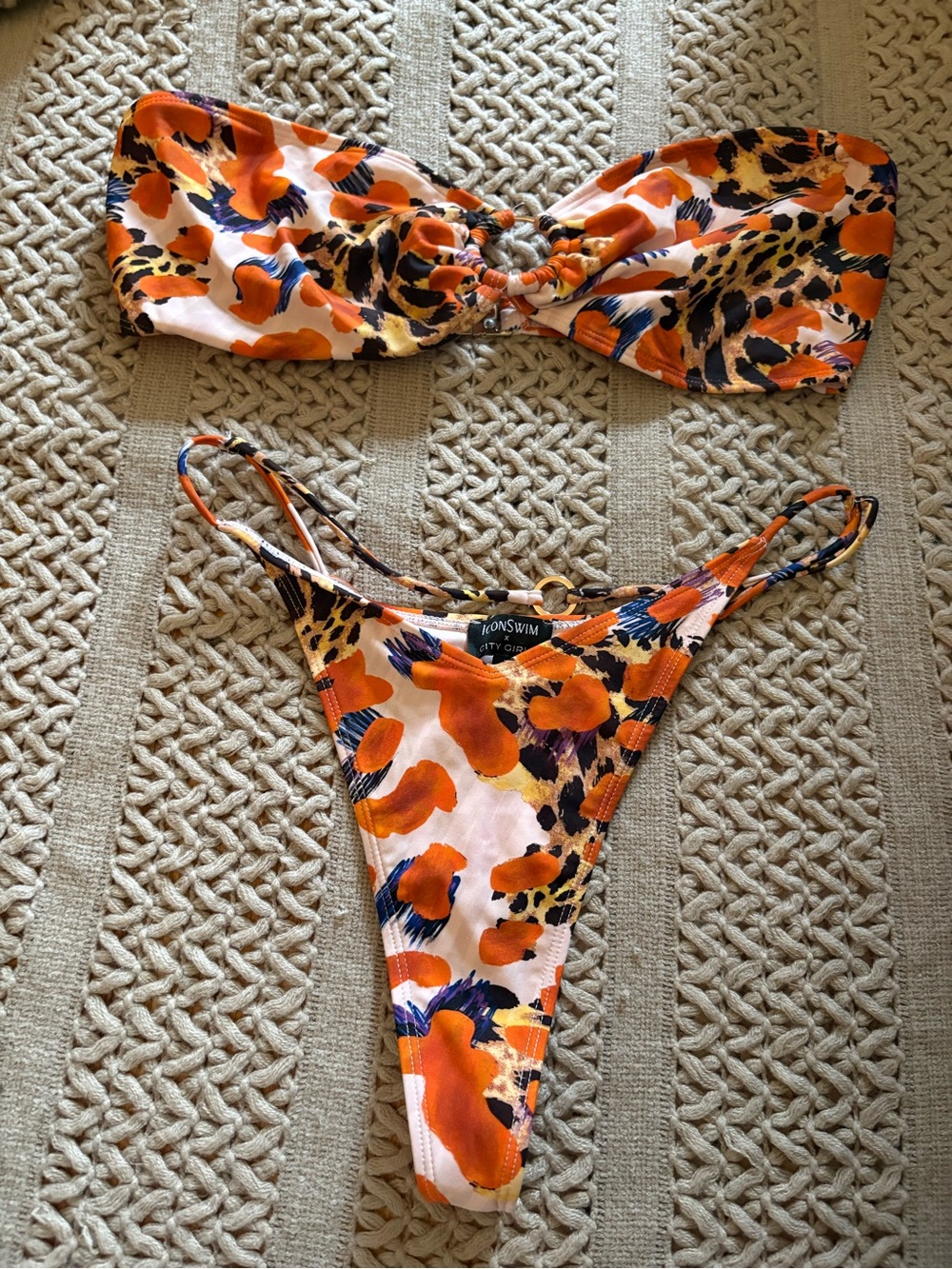 Orange Floral Leopard Bandeau Bikini Set